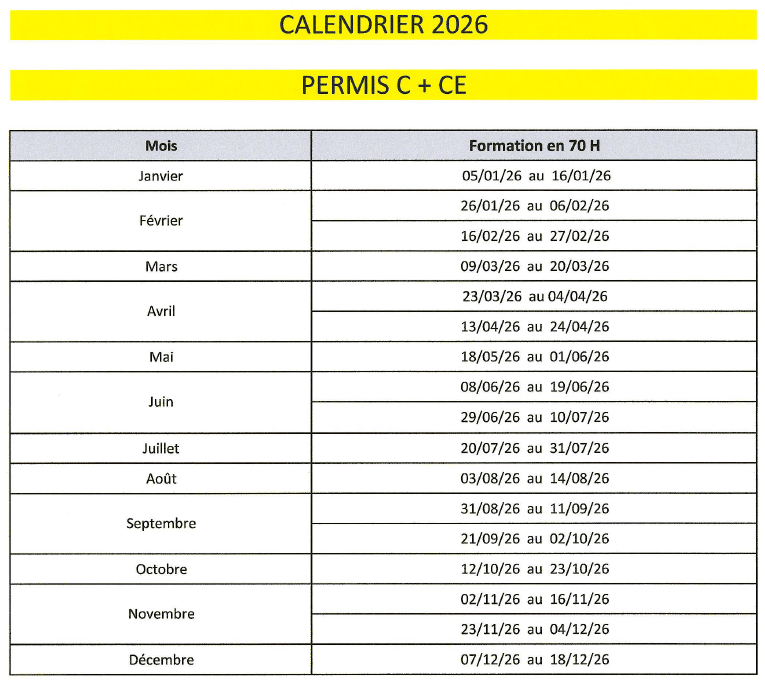 Calendrier 2026 des formations Permis C + CE en 70 H, listant les sessions mensuelles de janvier à décembre 2026.
