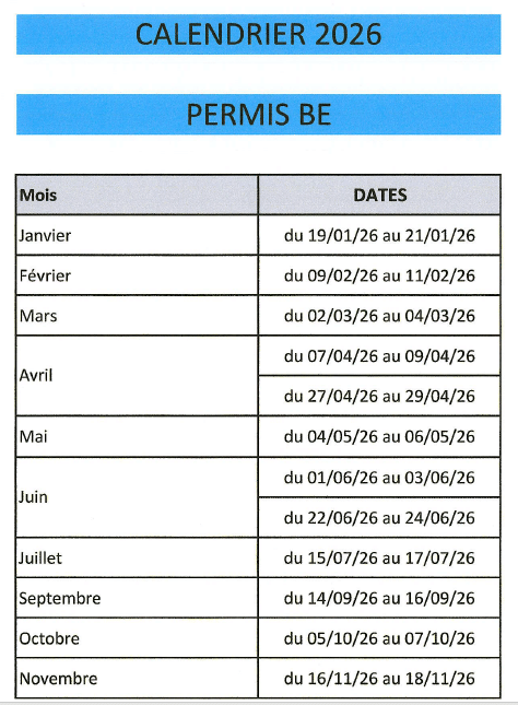 Calendrier Permis BE 2026 : Dates des Sessions Calendrier 2026 Permis BE: dates des sessions pour Janvier (19-21/01) à Novembre (16-18/11) en France.