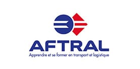 Logo Aftral : Formation Transport et Logistique Logo Aftral : cercle bleu et losange rouge avec trois lignes horizontales symbolisant le mouvement. Texte : Aftral. Apprendre et se former en transport et logistique.
