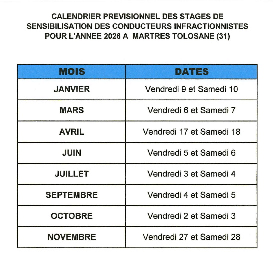 Calendrier prévisionnel des stages de sensibilisation des conducteurs infractionnistes 2026 à Martres Tolosane (31), listant les mois et les dates (vendredi et samedi).